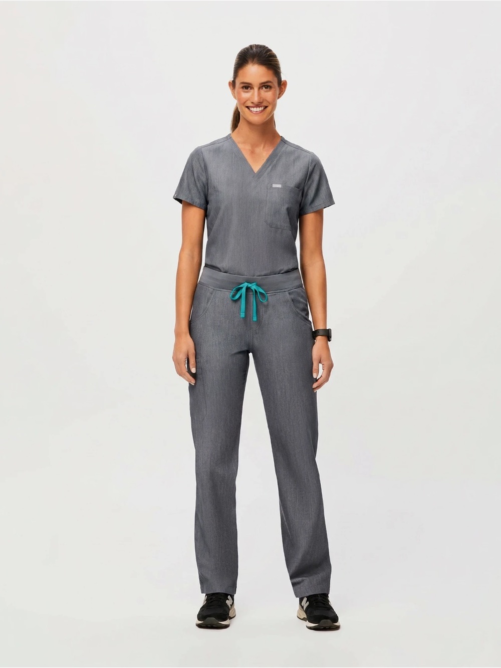 Women’s Gray Jogger Pants with Teal Drawstring Zamora - Picture 2 of 6